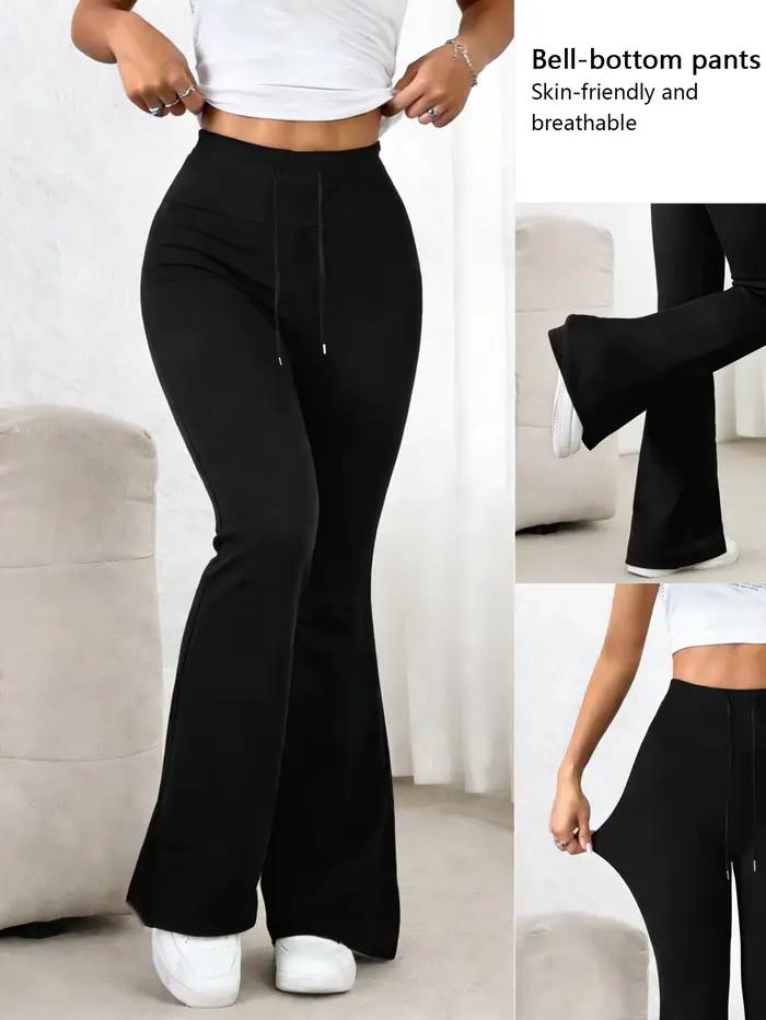Pantalon noir taille haute à cloche pour femmes, cordon de serrage à la taille, extensible, doux pou